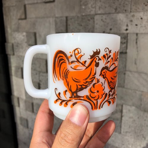 vtg glasbake orange rooster milkglass mug
